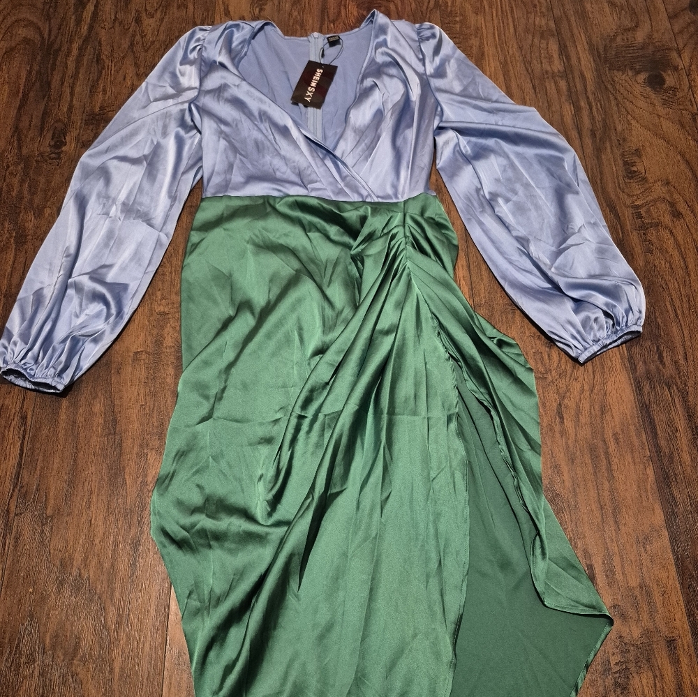 Elegant Satin Blue and Green Dress